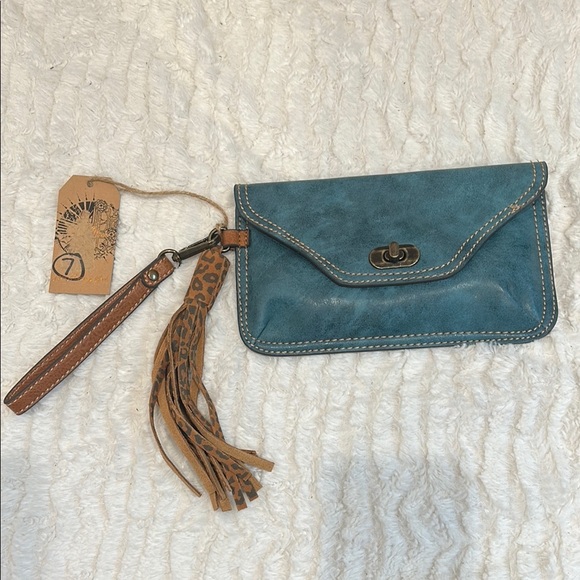 Catchfly Studio Bohemian Blue Brown vegan Leather Clutch Wristlet leopard tassel - Picture 1 of 7